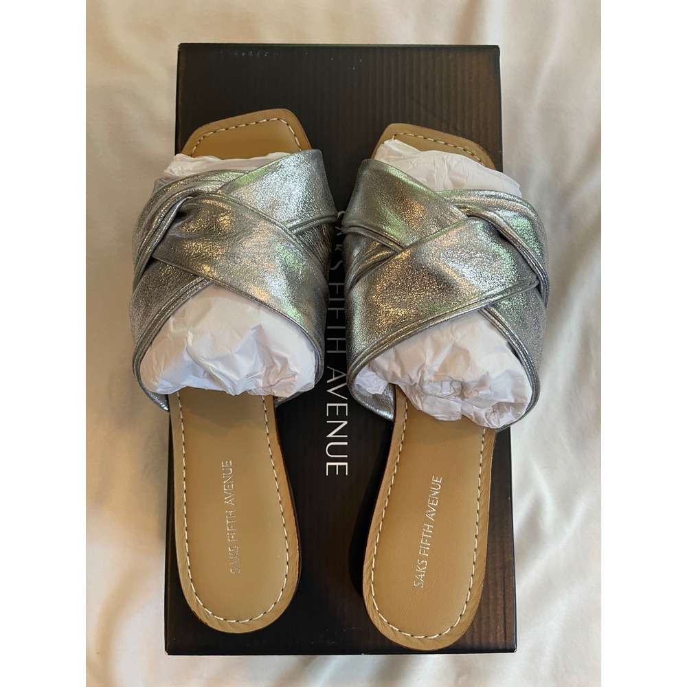 Saks Fifth Avenue Womens Silver Metallic Knotted Slide Sandals Square Toe 6M NEW